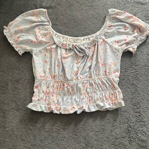 Hippie Rose Eyelet Detail Baby Blue with Flowers Crop Top